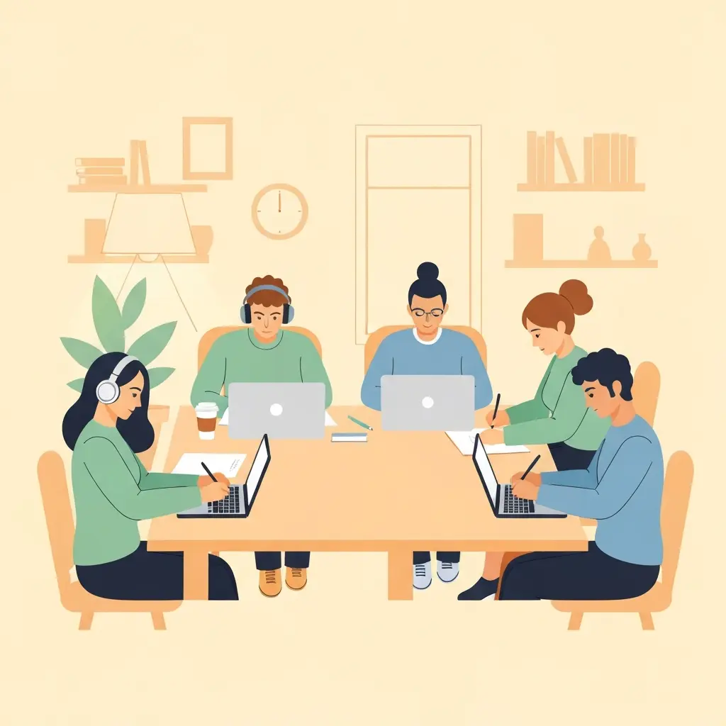 Sesión de escritura grupal estilo Shut Up and Write con estudiantes trabajando juntos en sus tesis