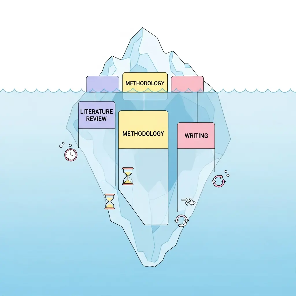 Metáfora del iceberg mostrando el tiempo oculto en cada fase de una tesis doctoral