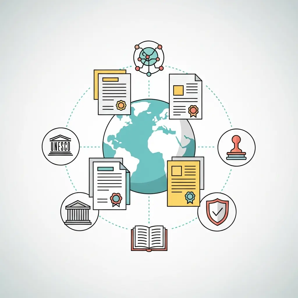 Ilustración de un globo terráqueo rodeado de documentos que representan regulaciones académicas internacionales