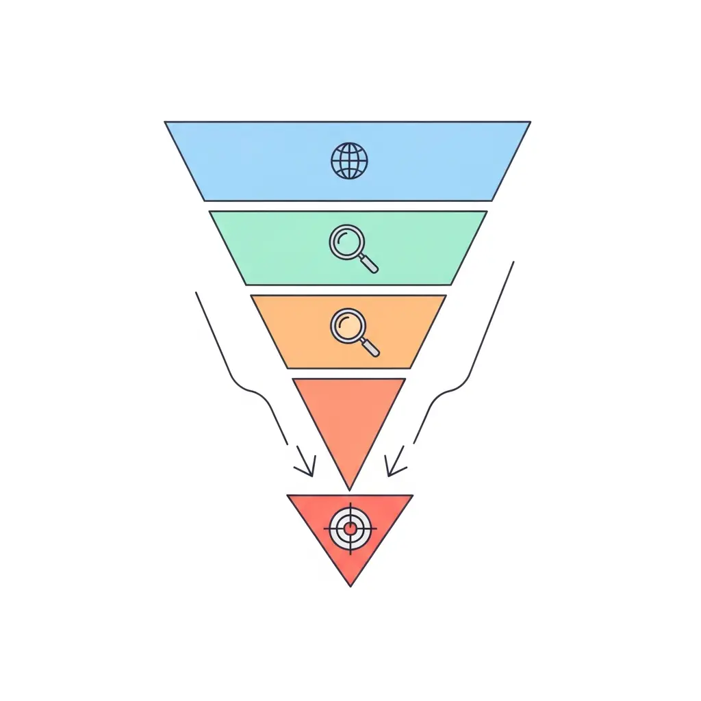 Diagrama de pirámide invertida mostrando cómo formular un problema de investigación desde lo general hasta lo específico