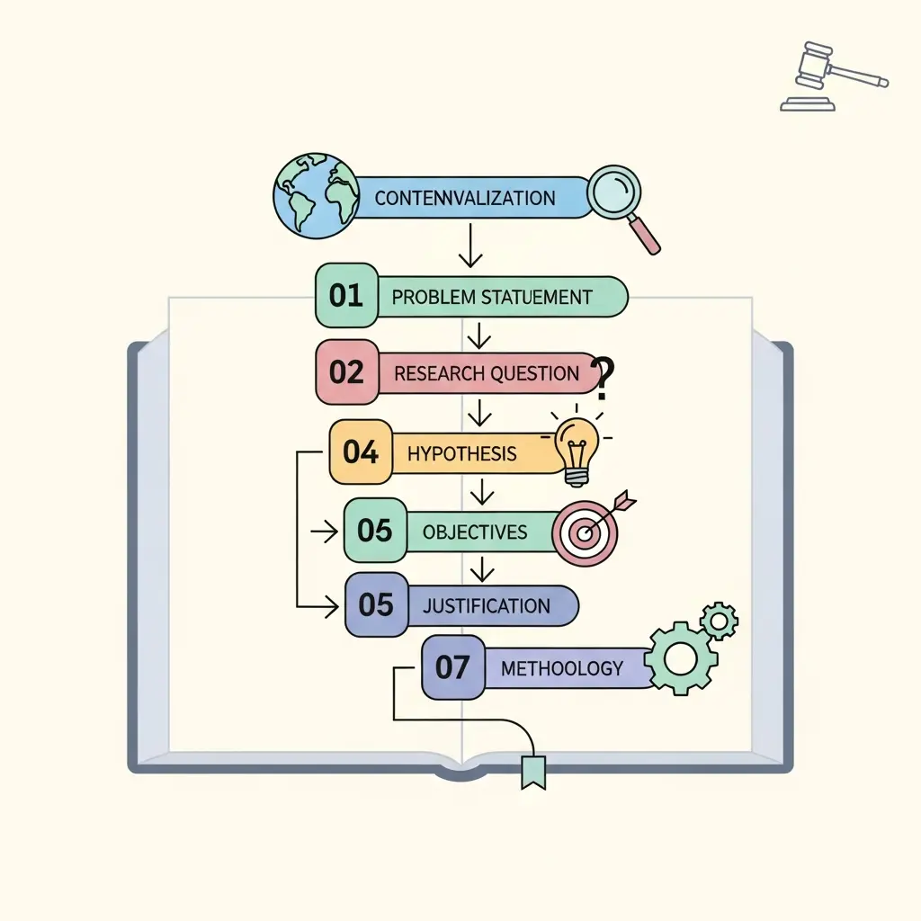 Diagrama de los 7 componentes esenciales de una introducción de tesis jurídica