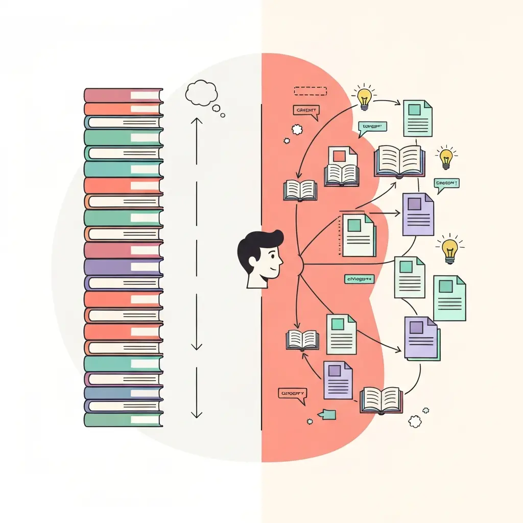 Contraste visual entre una lista cronológica monótona y una red temática de conceptos interconectados
