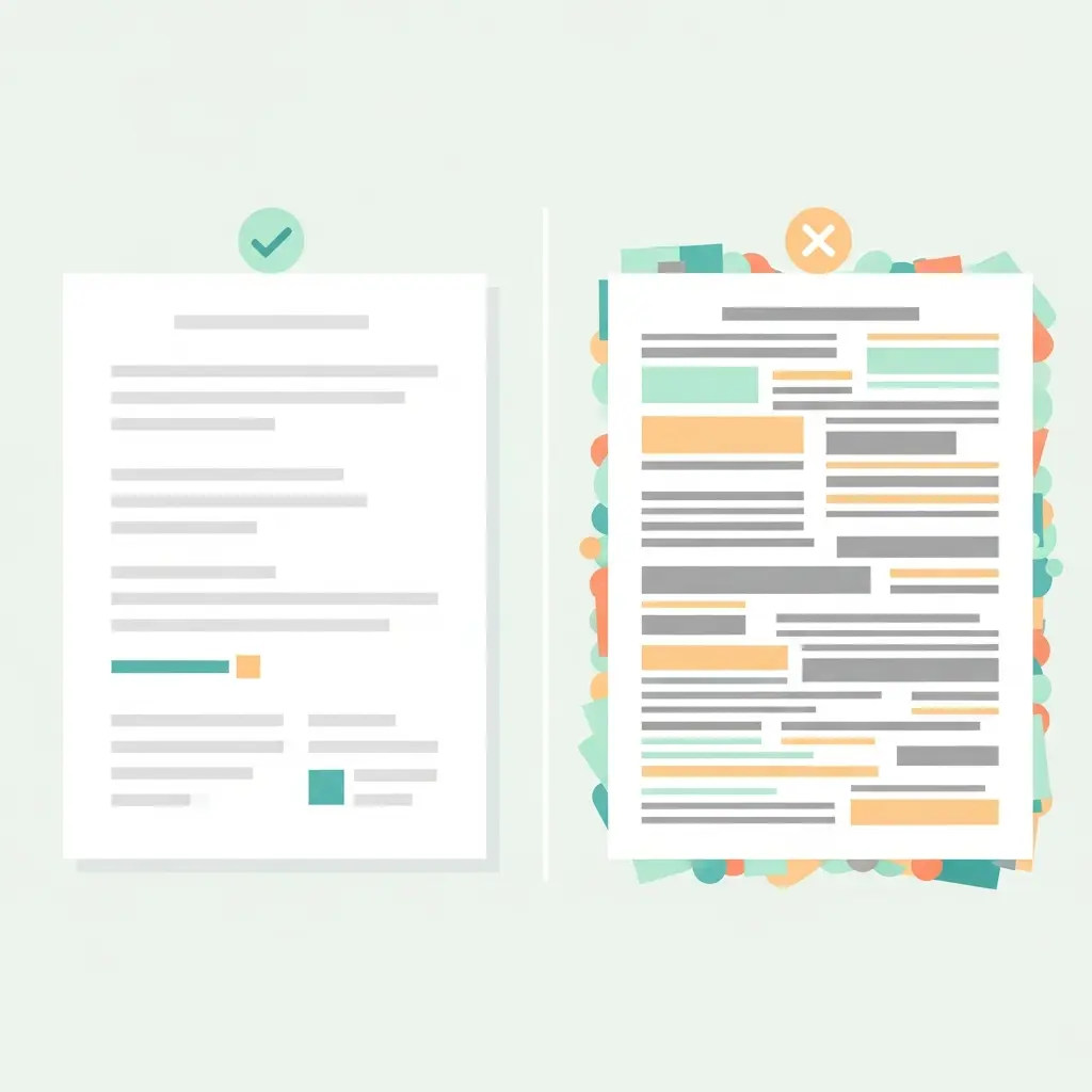 Comparativa visual entre diseño minimalista ordenado y diseño recargado en documentos académicos