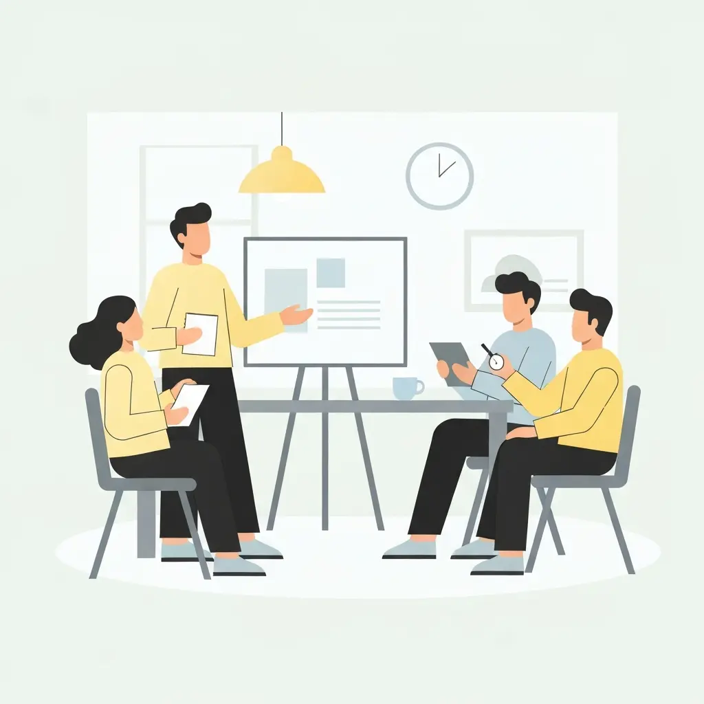 Estudiante doctoral practicando su defensa con compañeros en un simulacro estructurado