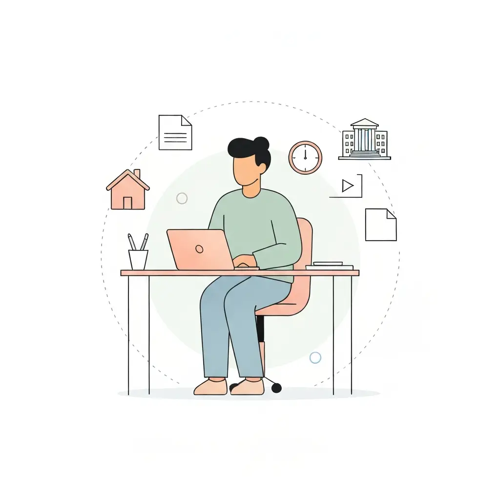 Estudiante doctoral moderno trabajando en entorno híbrido entre casa y universidad