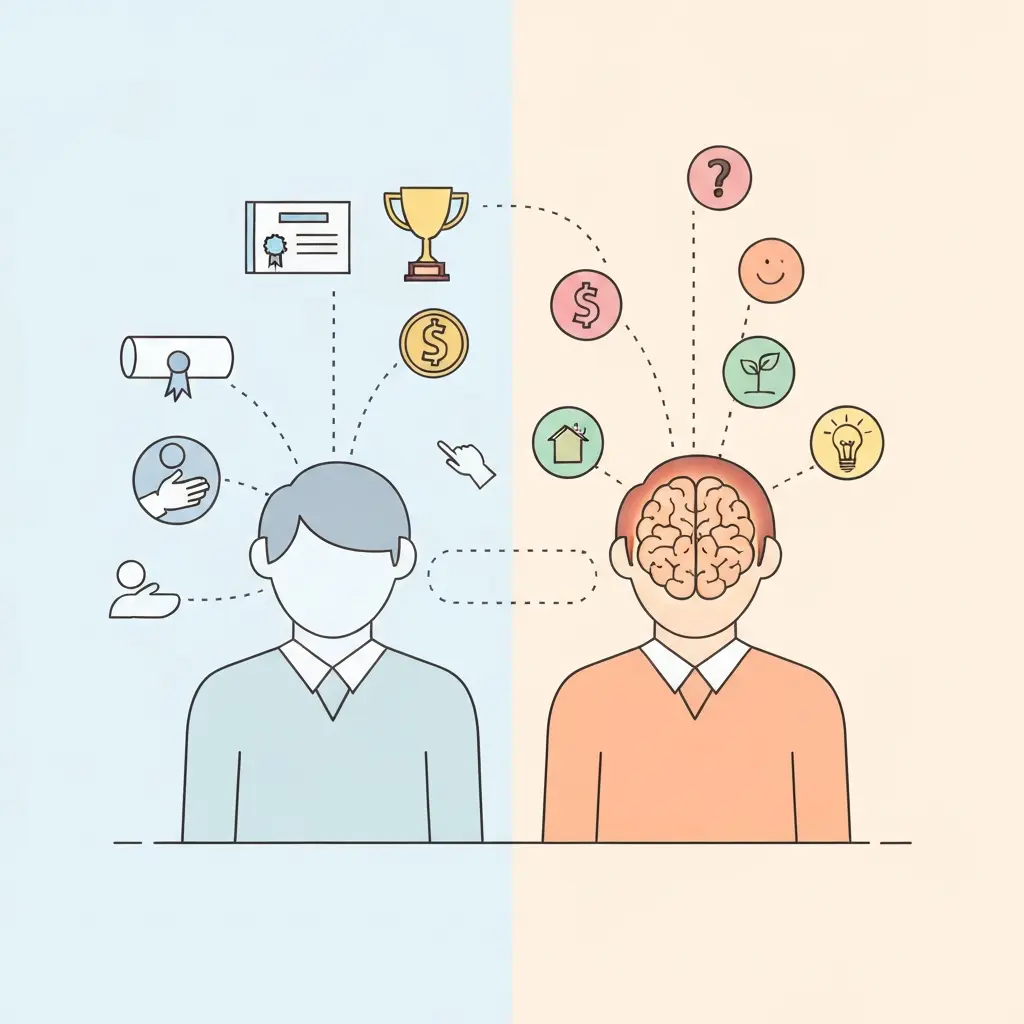 Comparación visual entre motivación intrínseca y extrínseca: fuentes internas versus externas de impulso