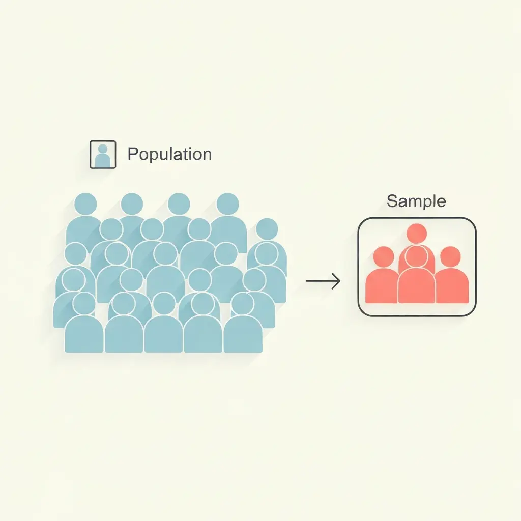 Ilustración que muestra cómo una muestra se extrae de una población más grande, representada con figuras geométricas simples