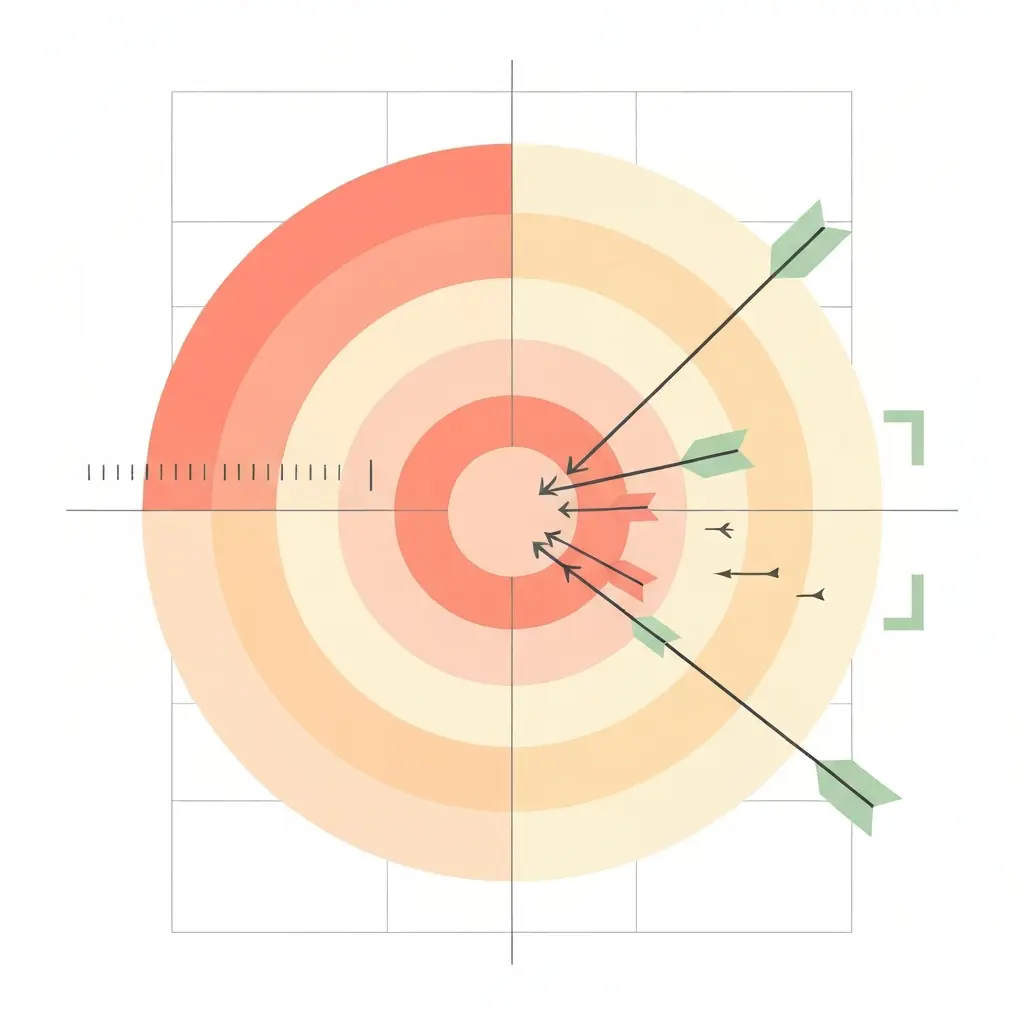 Diana con flechas agrupadas en el centro, ilustrando el concepto de nivel de confianza y margen de error estadístico