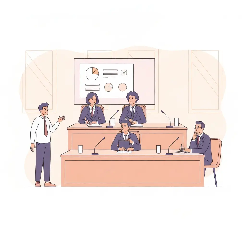 Escena de defensa oral de tesis con estudiante presentando ante tribunal de profesores universitarios