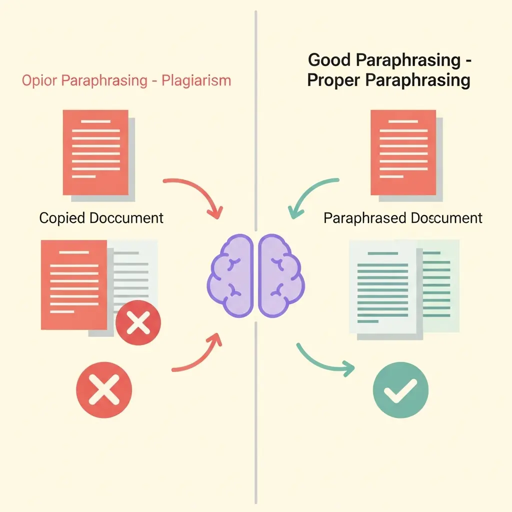 Comparación visual entre mala paráfrasis y buena paráfrasis usando la técnica de las 3R