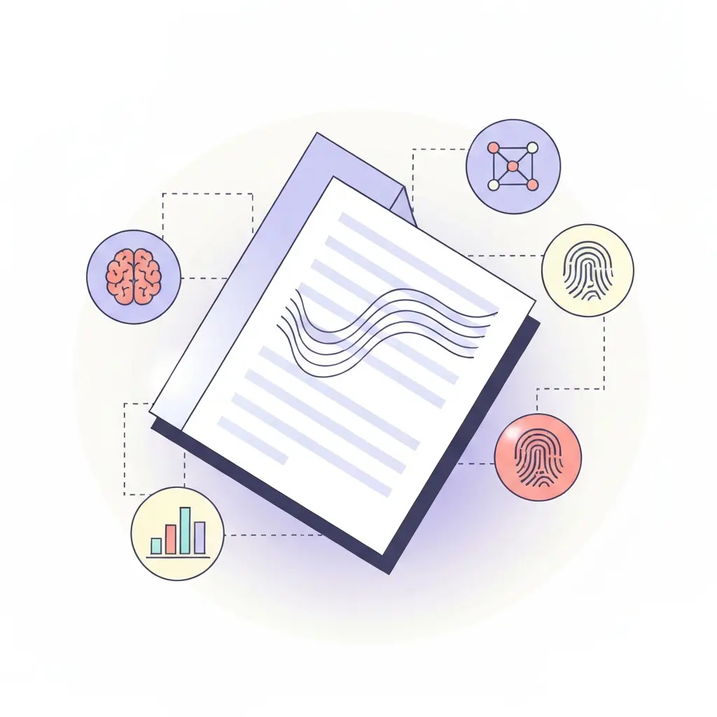 Representación conceptual de cómo los sistemas de detección de plagio analizan textos mediante múltiples métodos