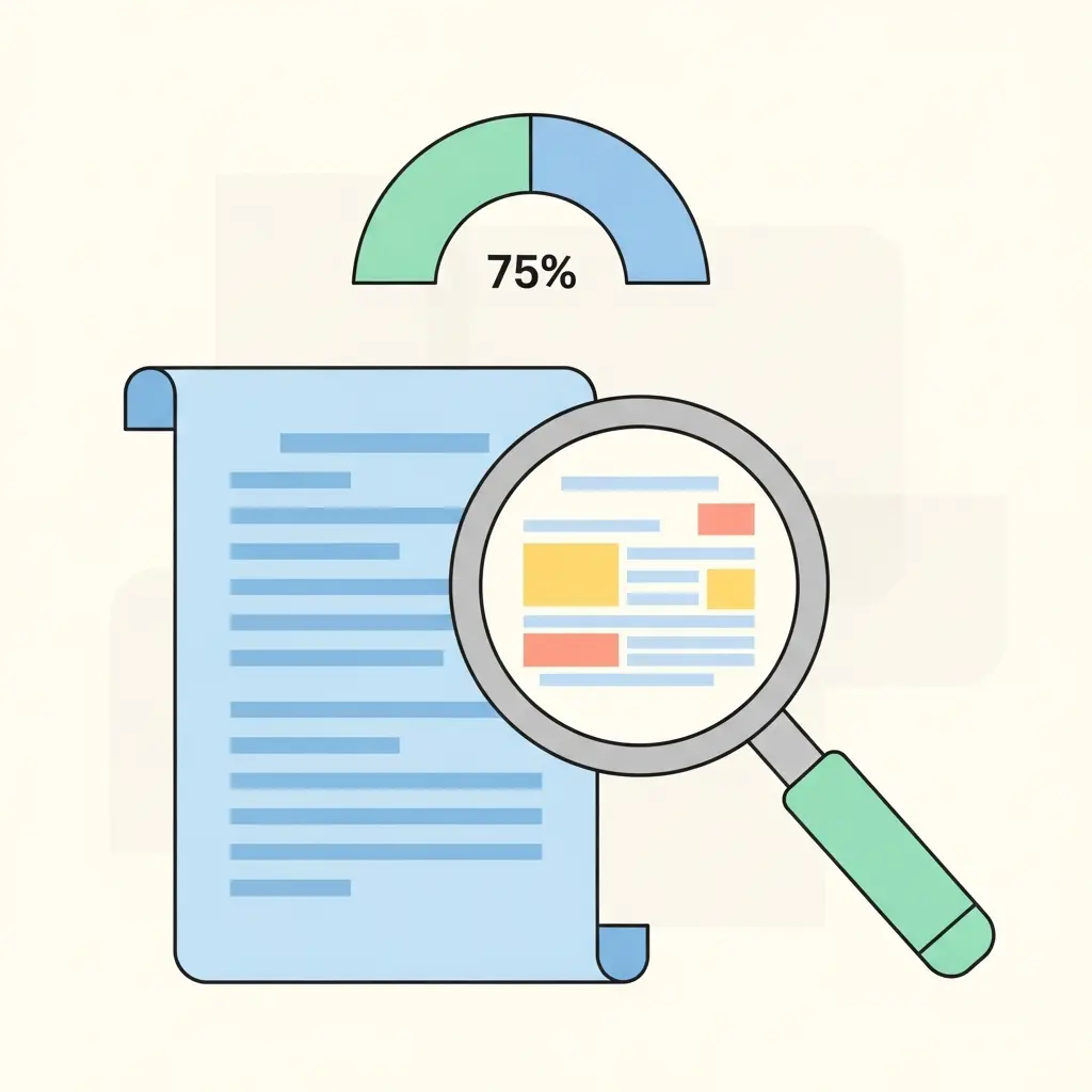 Documento siendo analizado por una lupa que detecta coincidencias de similitud