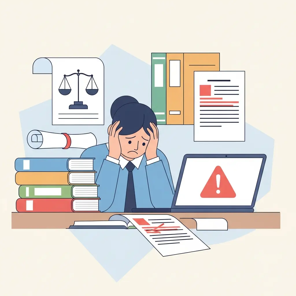 Estudiante de Derecho preocupado frente a su ordenador con una alerta de detección de plagio