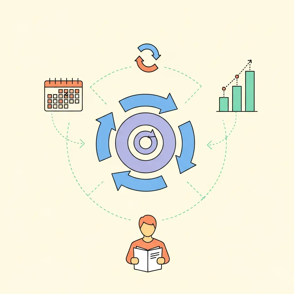 Diagrama circular mostrando el ciclo de planificación adaptativa con revisiones mensuales y ajustes continuos