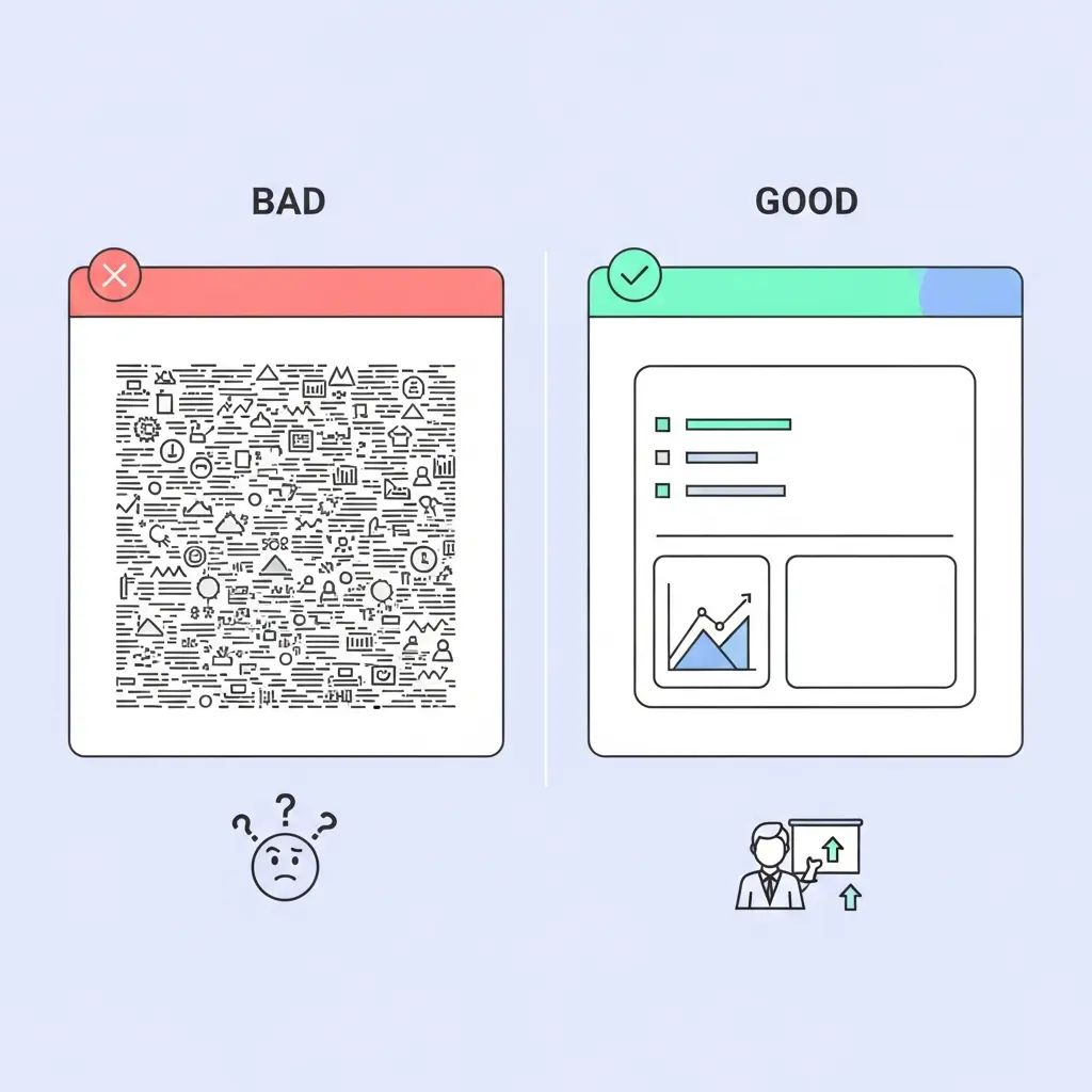 Comparación entre una diapositiva sobrecargada y una minimalista bien diseñada