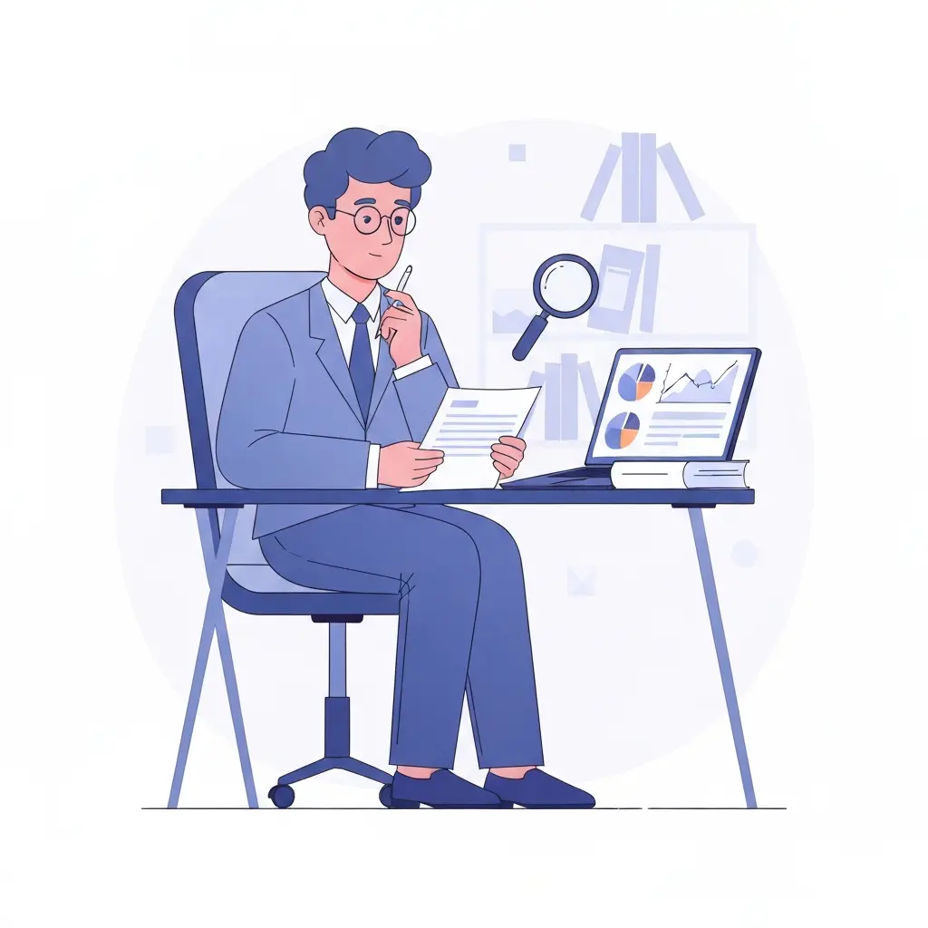 Profesor universitario analizando detenidamente una tesis con lupa y herramientas de detección en su ordenador