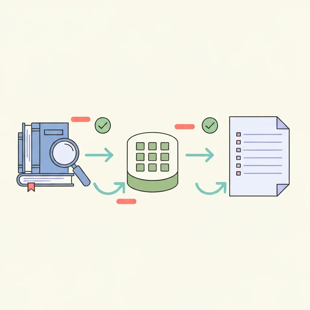 Diagrama del flujo de trabajo profesional para gestión de referencias: desde la investigación, pasando por el gestor de referencias, hasta el documento final con citas y bibliografía perfectamente sincronizadas