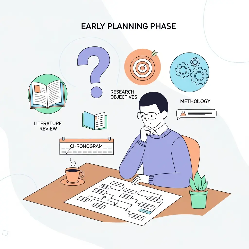Persona planificando su investigación doctoral con diagrama de flujo y elementos de planificación