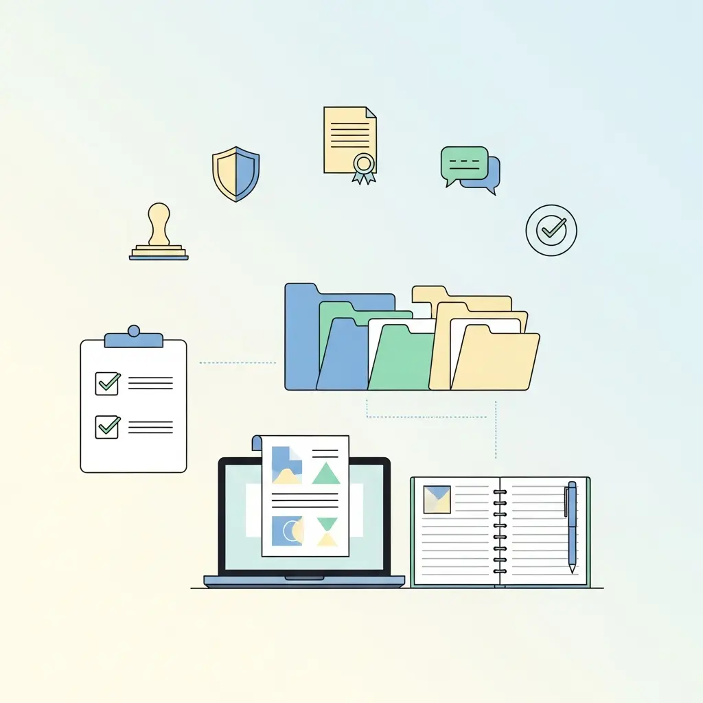 Espacio de trabajo organizado mostrando documentación de uso de IA con checklist, carpetas y flujo de verificación