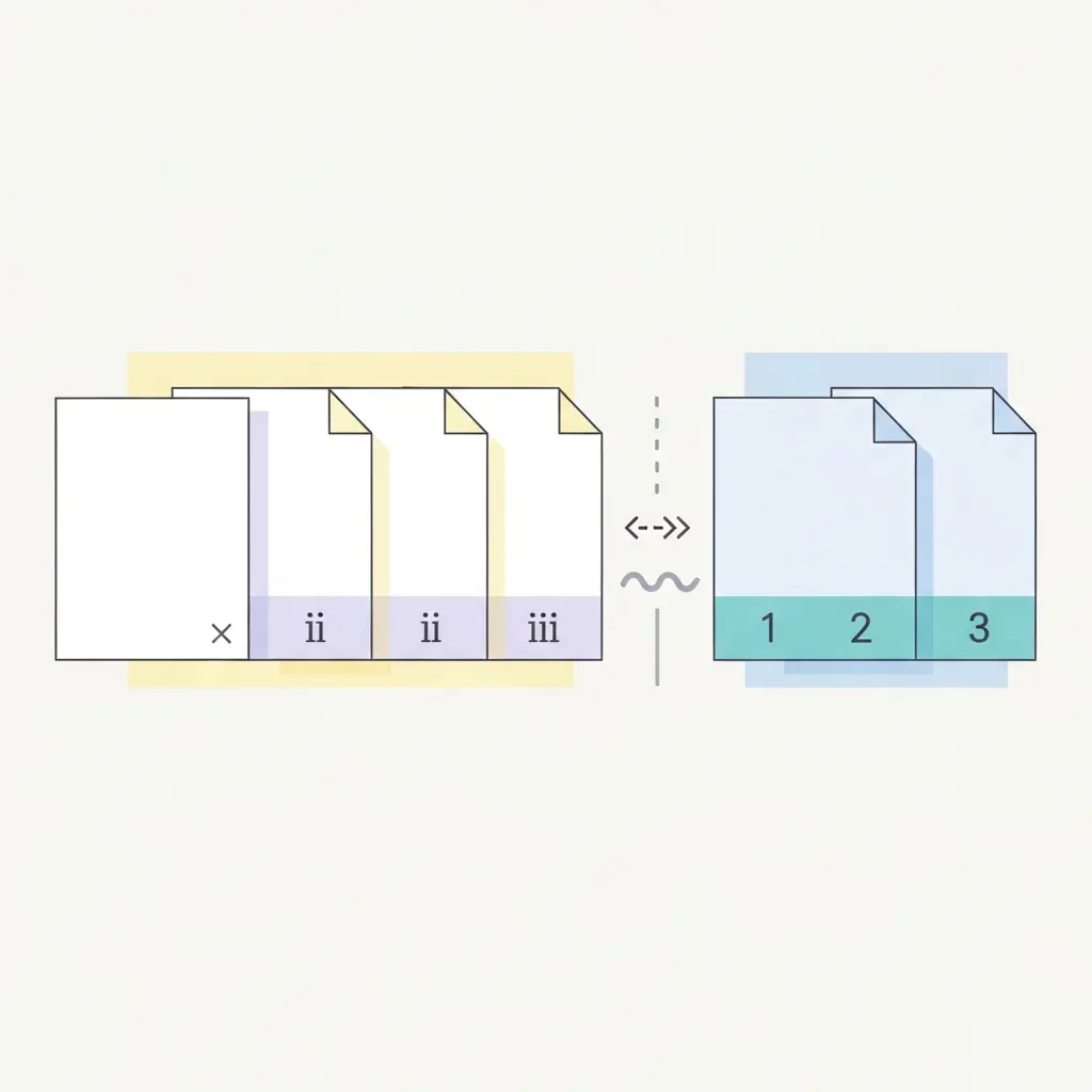 Ilustración de saltos de sección mostrando portada sin número, páginas preliminares con números romanos y cuerpo con números arábigos