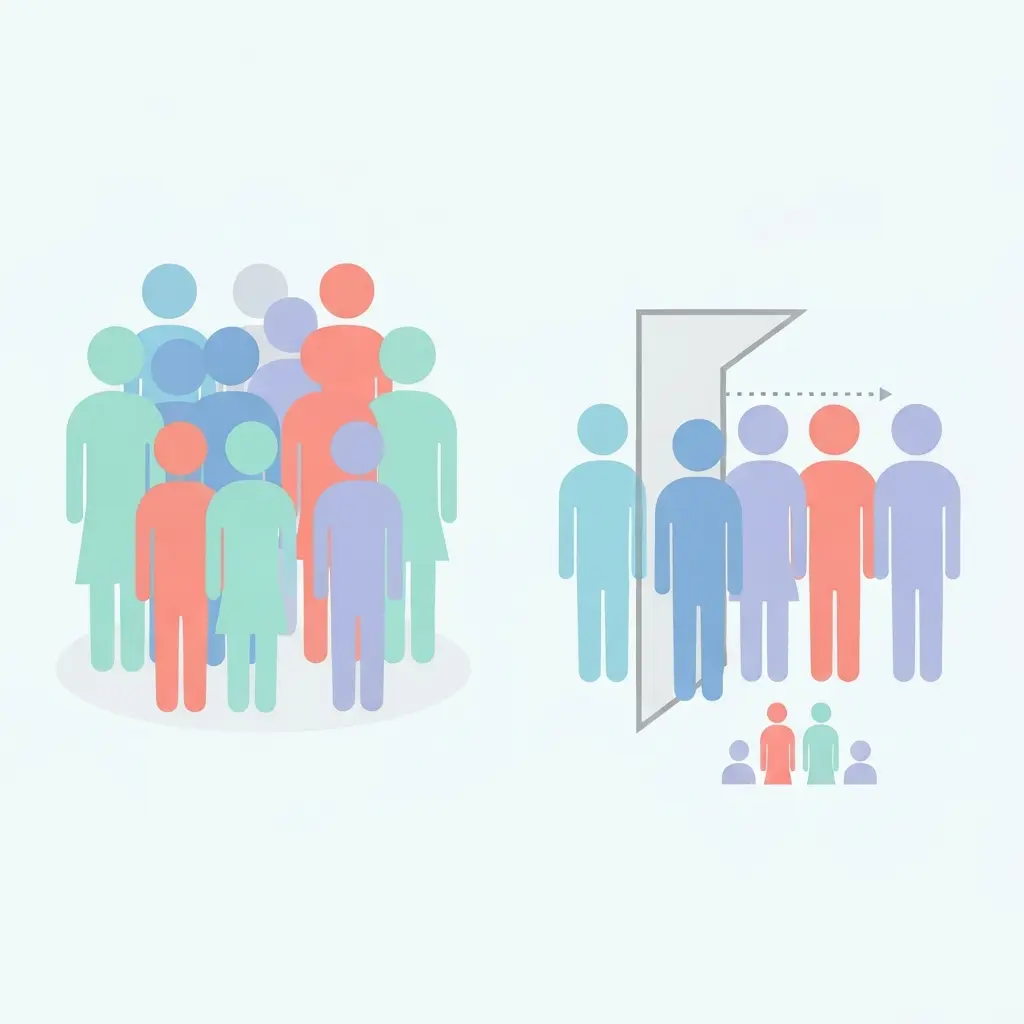 Ilustración del sesgo de selección: figuras diversas siendo filtradas, dejando pasar solo un tipo similar de participantes