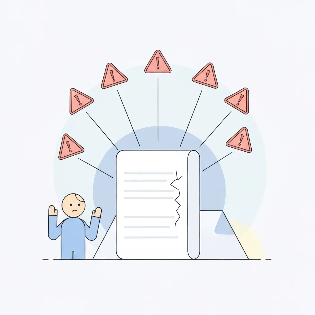Ilustración de los siete errores fatales en tesis doctorales: documento con símbolos de advertencia emergiendo, representando los problemas que dañan la originalidad