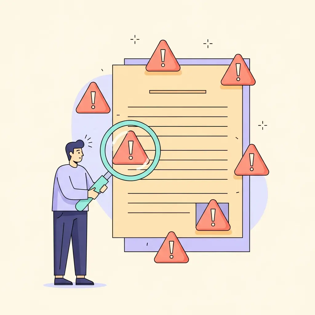 Ilustración de errores ocultos en un documento académico siendo descubiertos con lupa