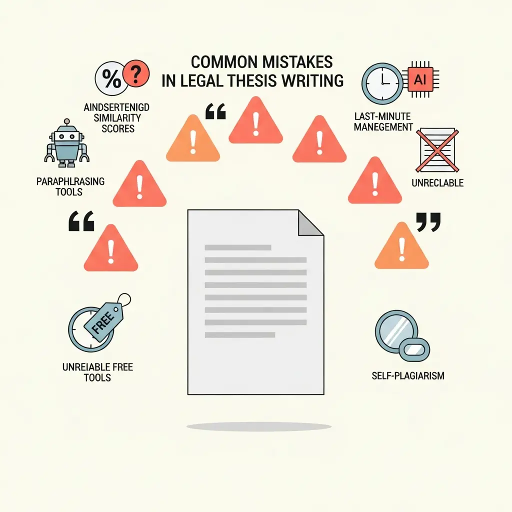 Representación visual de los siete errores más comunes al evitar plagio en tesis de Derecho