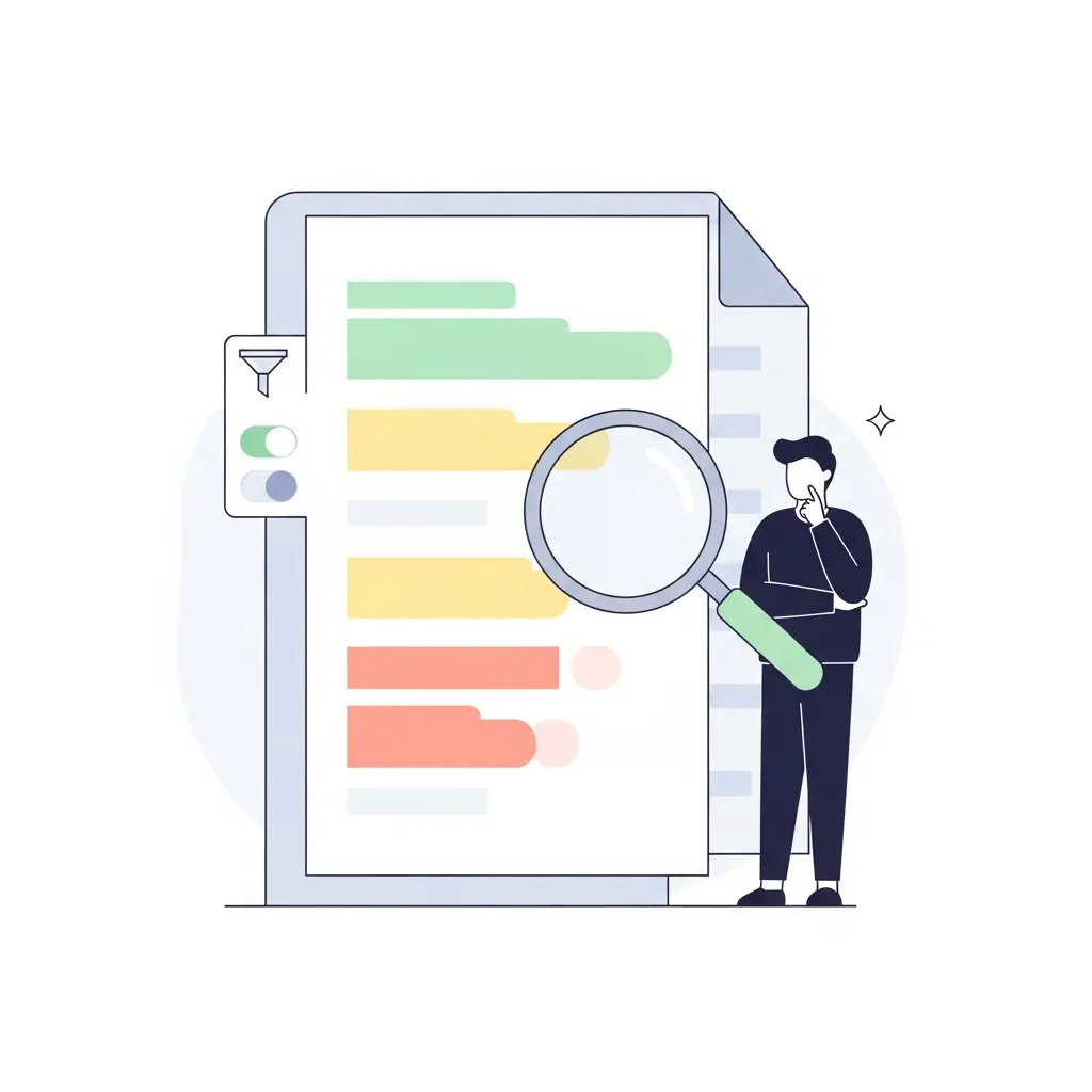 Ilustración que representa el análisis cuidadoso de un informe de similitud con diferentes secciones coloreadas y revisión humana