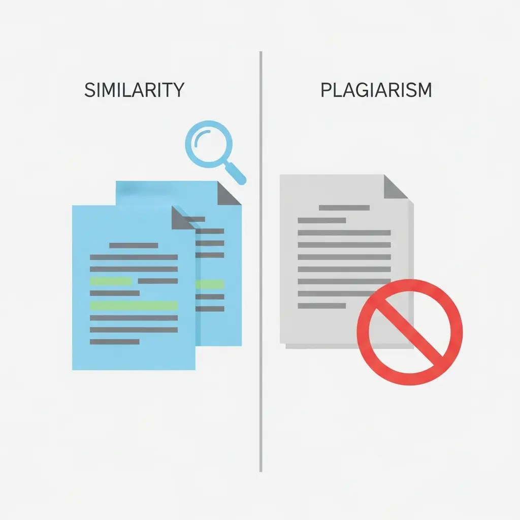 Ilustración comparativa entre similitud textual y plagio académico real