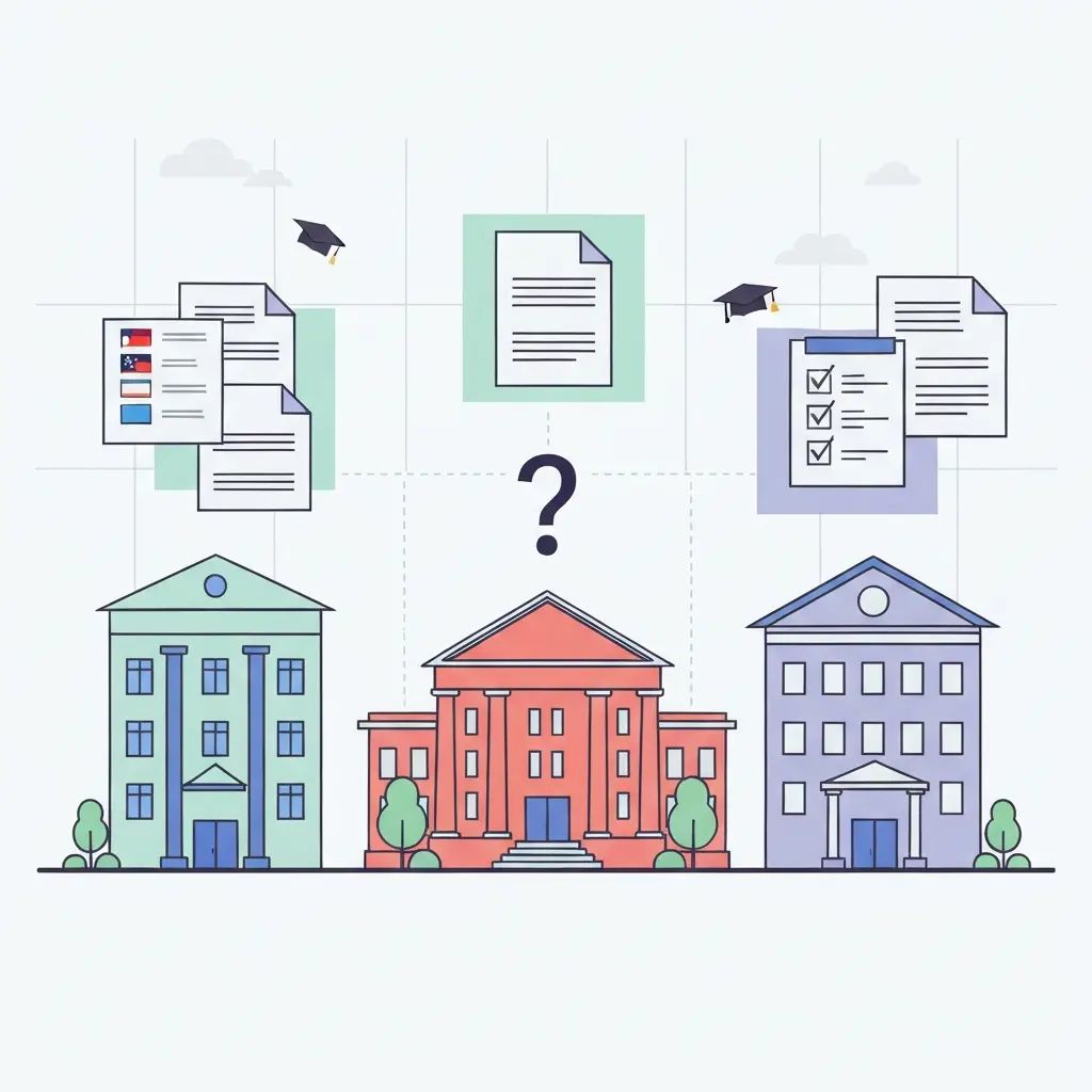 Ilustración de cuatro universidades españolas con diferentes requisitos de tesis doctoral representados por iconos de documentos variados
