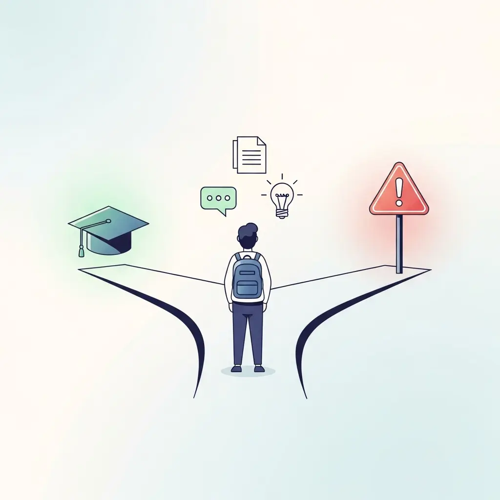 Estudiante universitario en una encrucijada simbólica eligiendo entre el uso ético y el uso arriesgado de la IA