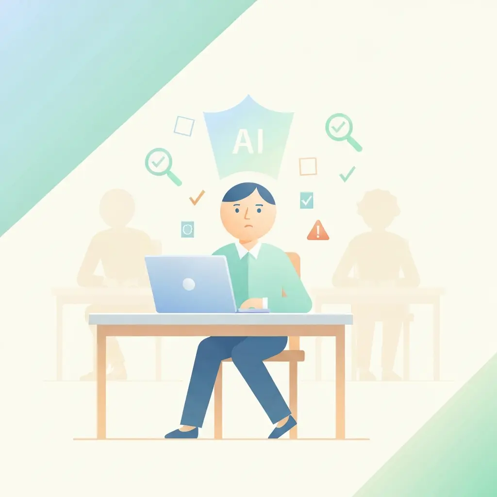 Estudiante universitario frente a su portátil mientras símbolos de detección de IA flotan a su alrededor