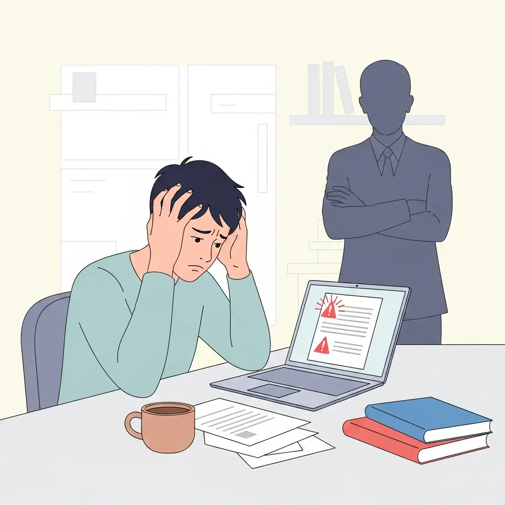 Estudiante preocupado frente a su portátil mostrando alertas de detección de IA, con la sombra de una figura de autoridad académica detrás