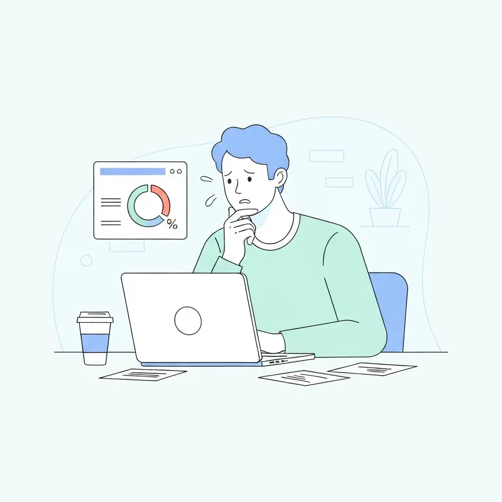 Estudiante universitario revisando resultados de antiplagio en su portátil con expresión preocupada