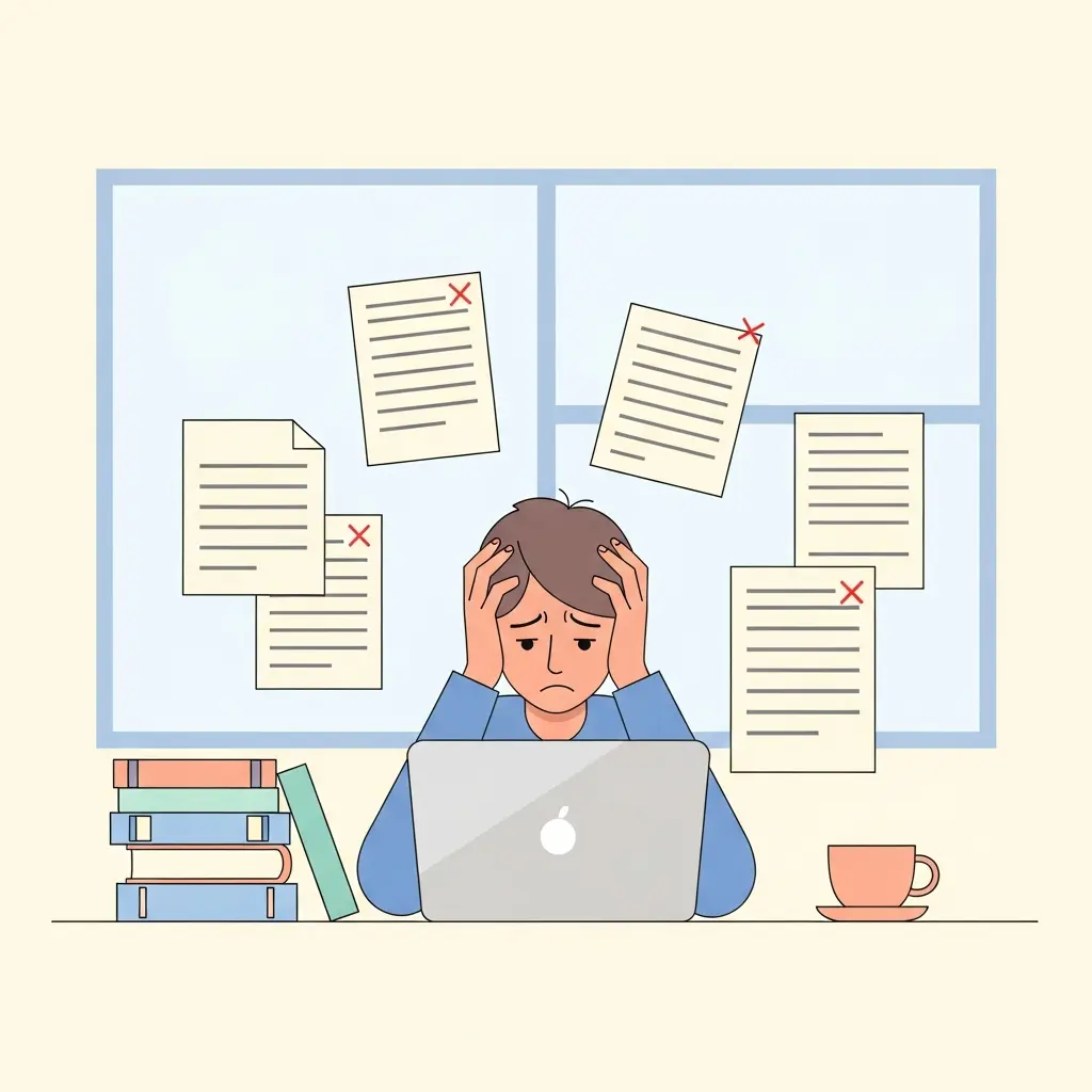 Estudiante universitario frustrado trabajando en referencias bibliográficas frente al ordenador