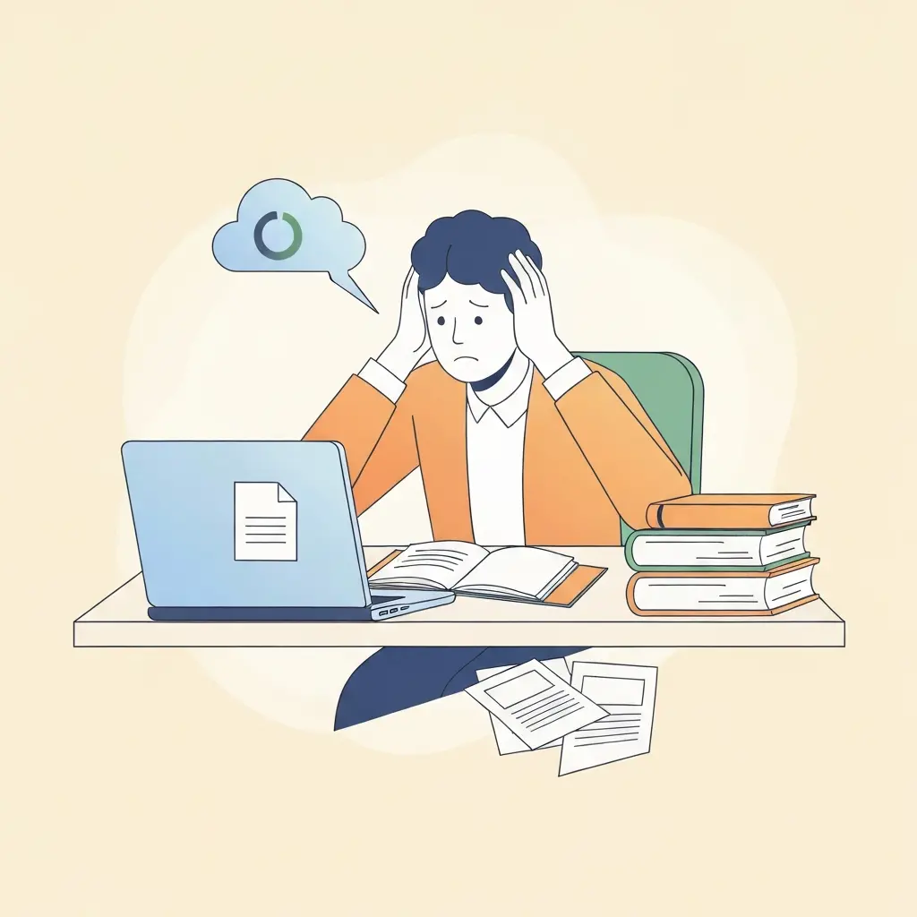 Estudiante universitario agobiado frente al ordenador descubriendo que su gestor de bibliografía ha alcanzado el límite de almacenamiento