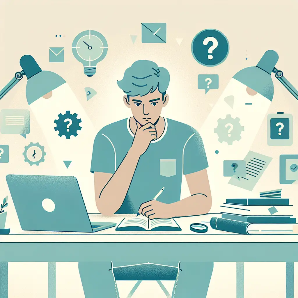 Estudiante universitario rodeado de ideas y dudas mientras intenta elegir su tema de TFG