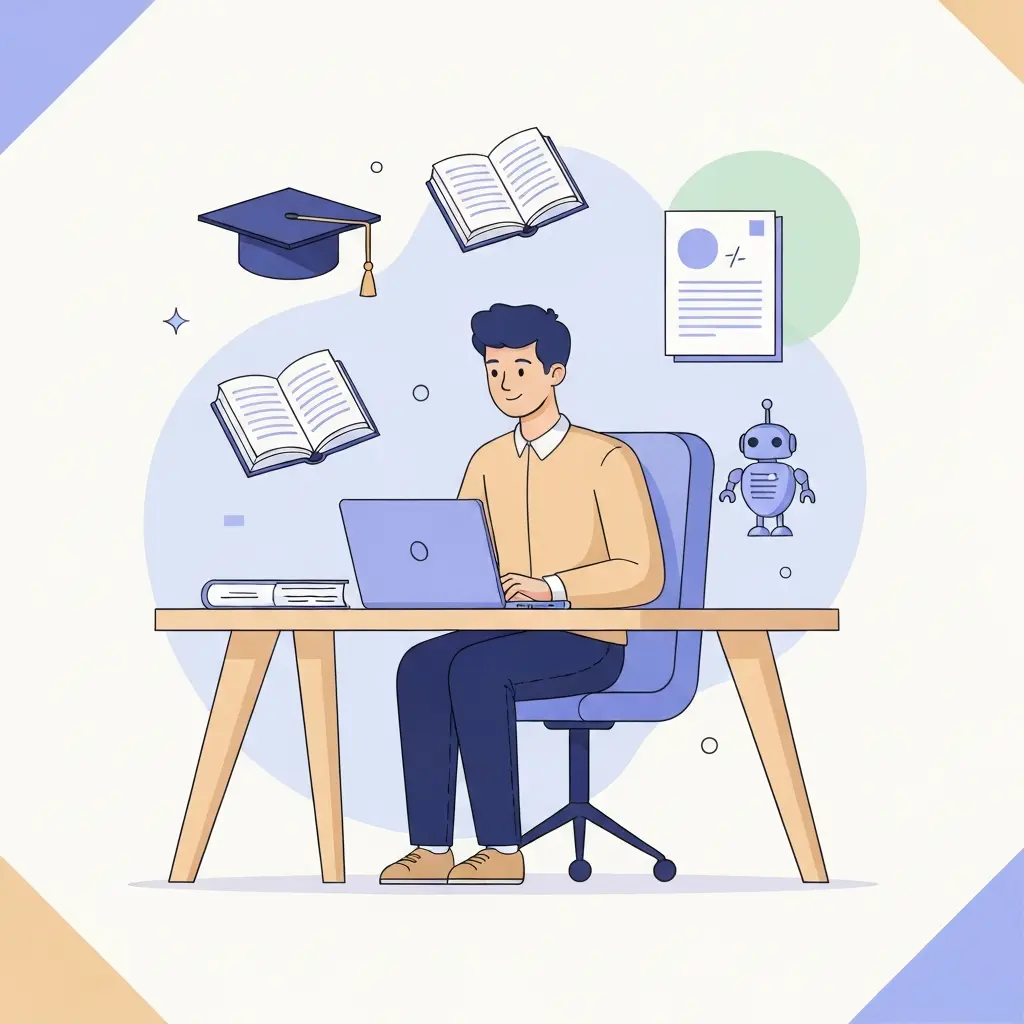 Estudiante universitario trabajando en su tesis con elementos de citación e inteligencia artificial