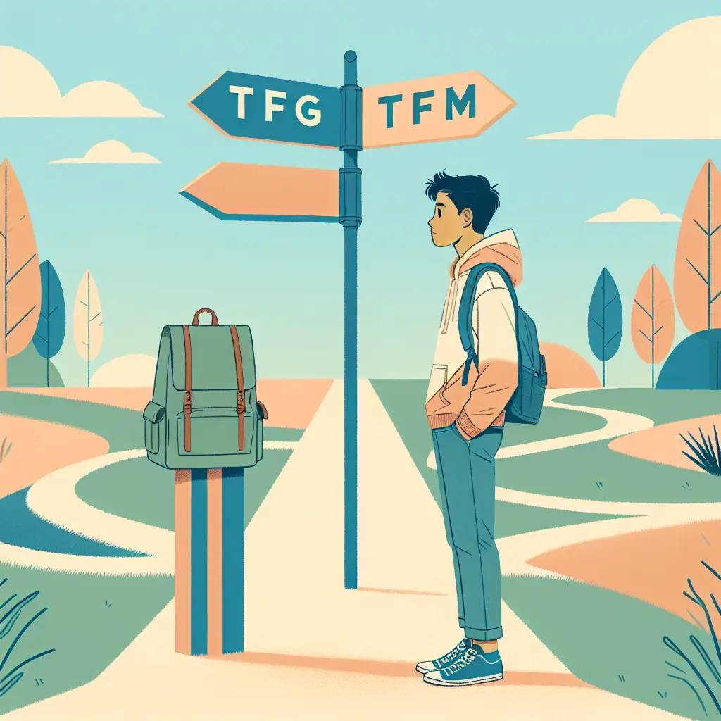 Estudiante universitario en una encrucijada entre el camino del TFG y el TFM