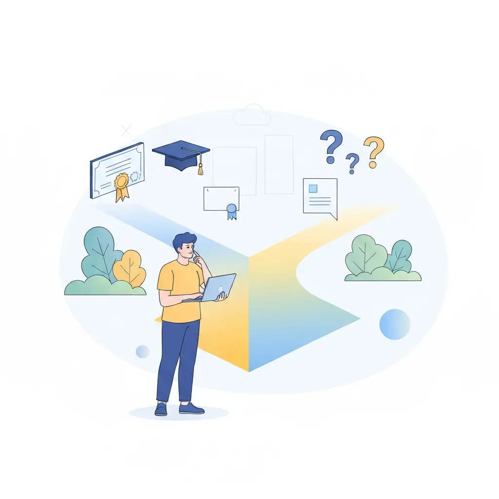 Estudiante universitario en una encrucijada simbólica decidiendo sobre el uso de herramientas de IA