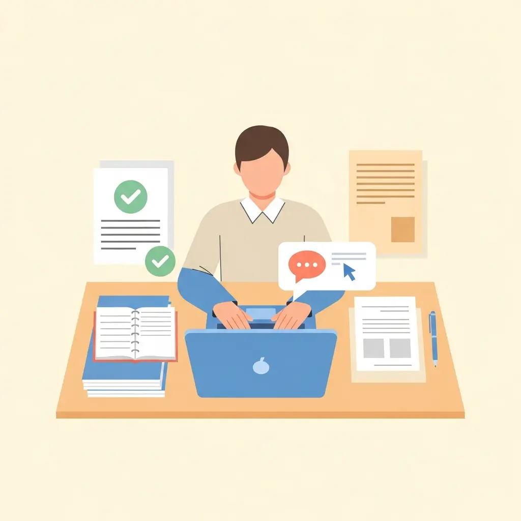 Estudiante universitario documentando correctamente el uso de IA en su trabajo académico, mostrando los tres elementos clave: cita formal, registro de prompts y declaración de uso