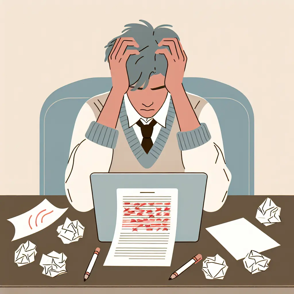 Estudiante universitario frustrado frente al ordenador con documentos rechazados