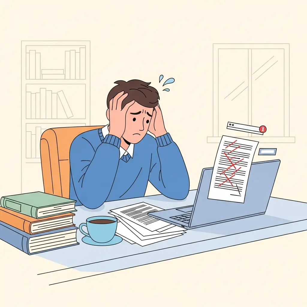 Estudiante universitario frustrado mirando correcciones de su tesis en el portátil