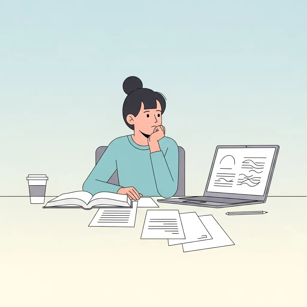 Estudiante universitario reflexionando sobre cómo parafrasear correctamente su tesis, sentado frente a un libro y portátil