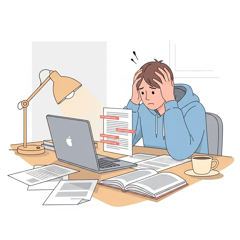 Estudiante universitario preocupado frente a su portátil al descubrir coincidencias de plagio en su tesis