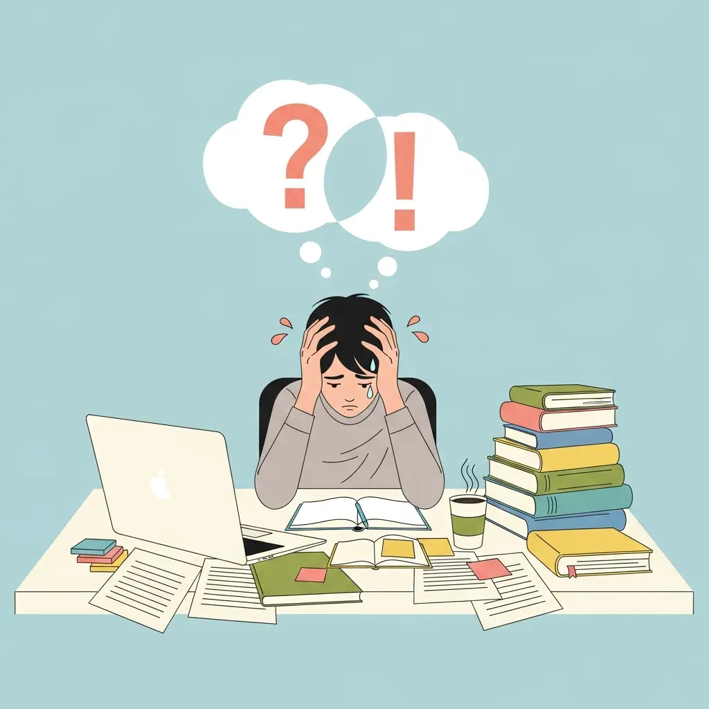 Estudiante universitario experimentando estrés mientras trabaja en su tesis, sentado frente al ordenador con libros apilados