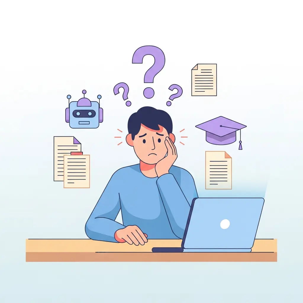 Estudiante universitario confundido frente a su laptop, rodeado de símbolos de IA y documentos académicos