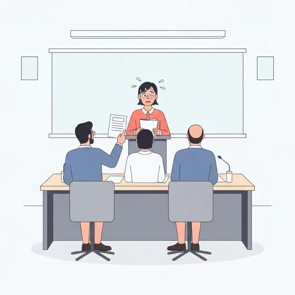 Estudiante universitario nervioso durante la defensa de tesis ante un tribunal que cuestiona el uso de IA