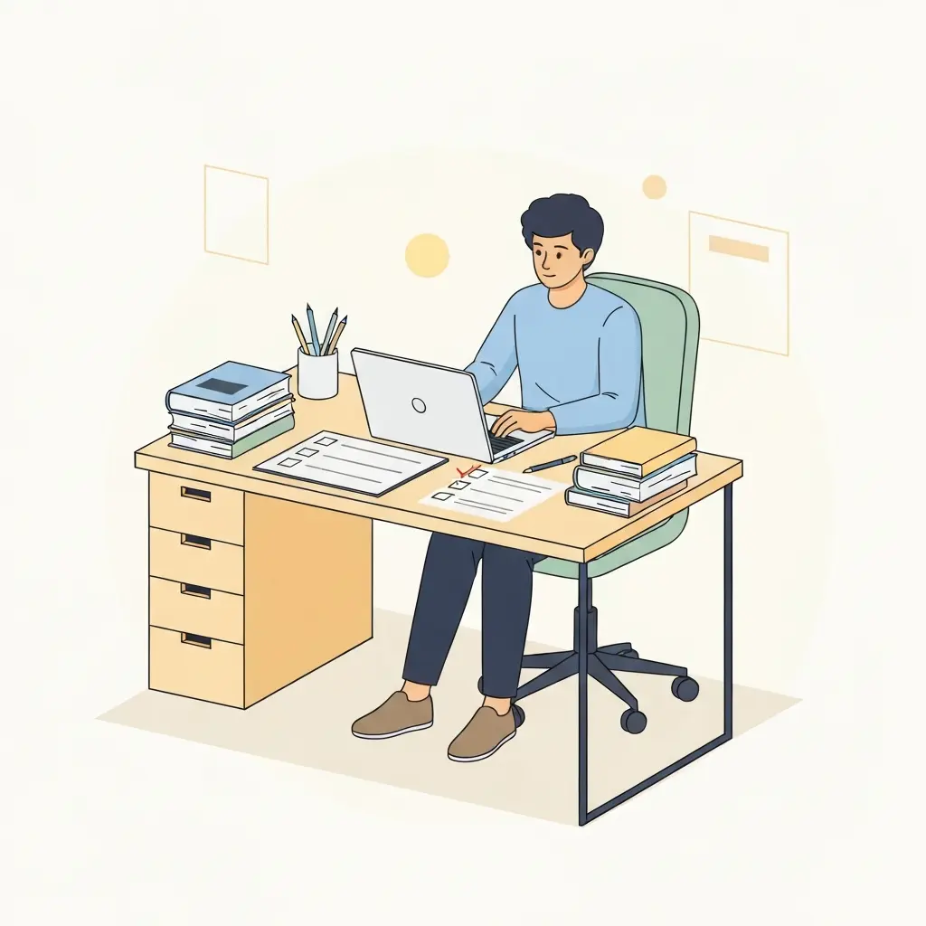 Estudiante universitario planificando su TFM en un escritorio organizado con checklist visible